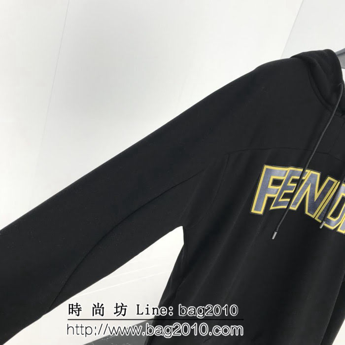 FENDI芬迪 18FW秋冬官網新款 黑色帽衫 純棉薄款 黃色LOGO帽衫 情侶款 ydi1926